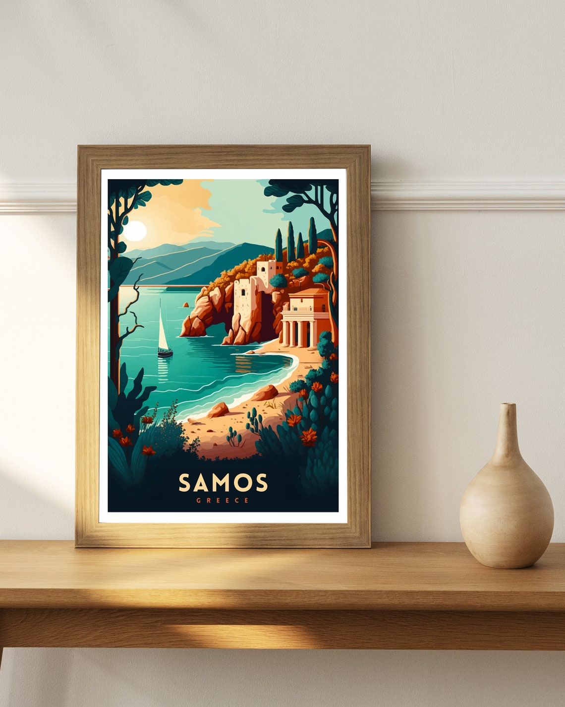 Samos Greece Vintage Travel Illustration Sunset Coast Poster - Image 3