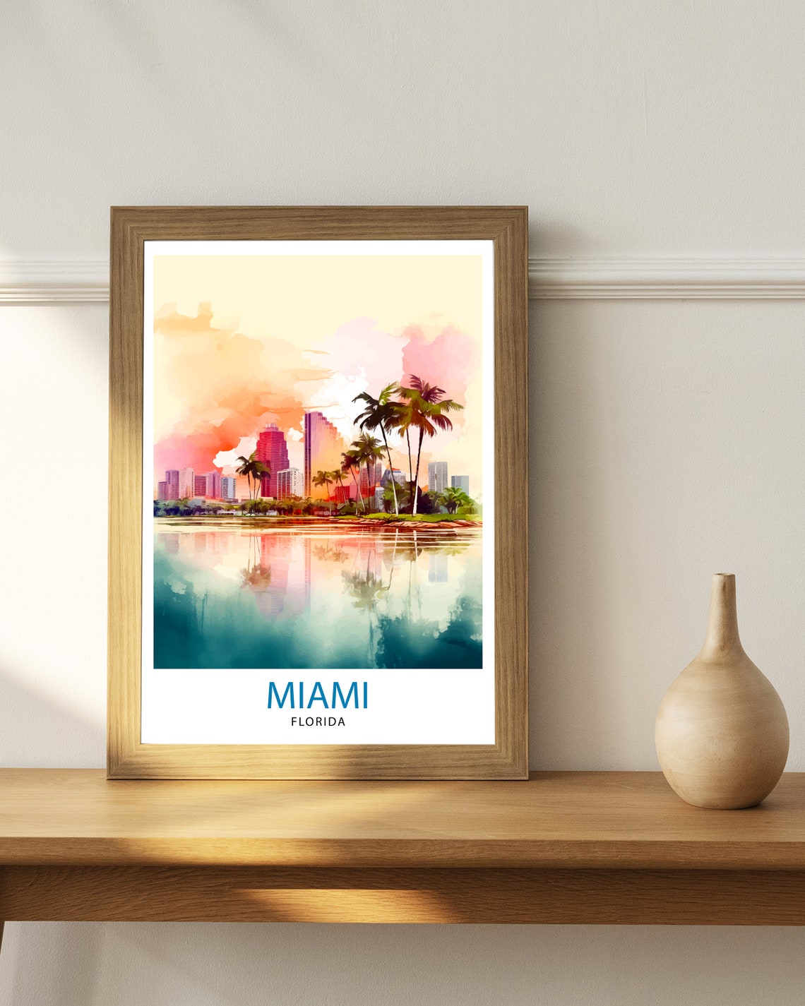 Miami Florida Skyline Palm Trees Sunset Watercolor Travel Poster - Image 2