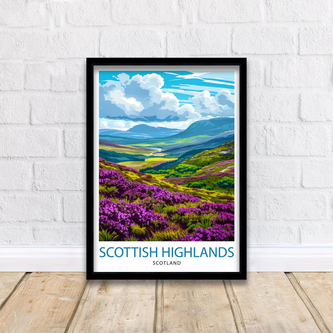 Scottish Highlands Heather Hills Loch Dramatic Landscape Poster