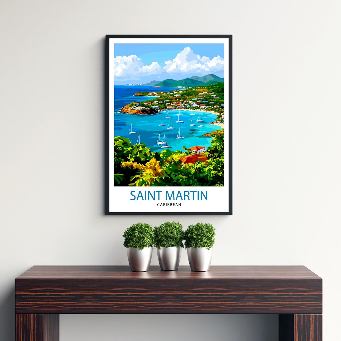 Saint Martin Caribbean Island Bay Sailboats Tropical Scene Poster - Image 3