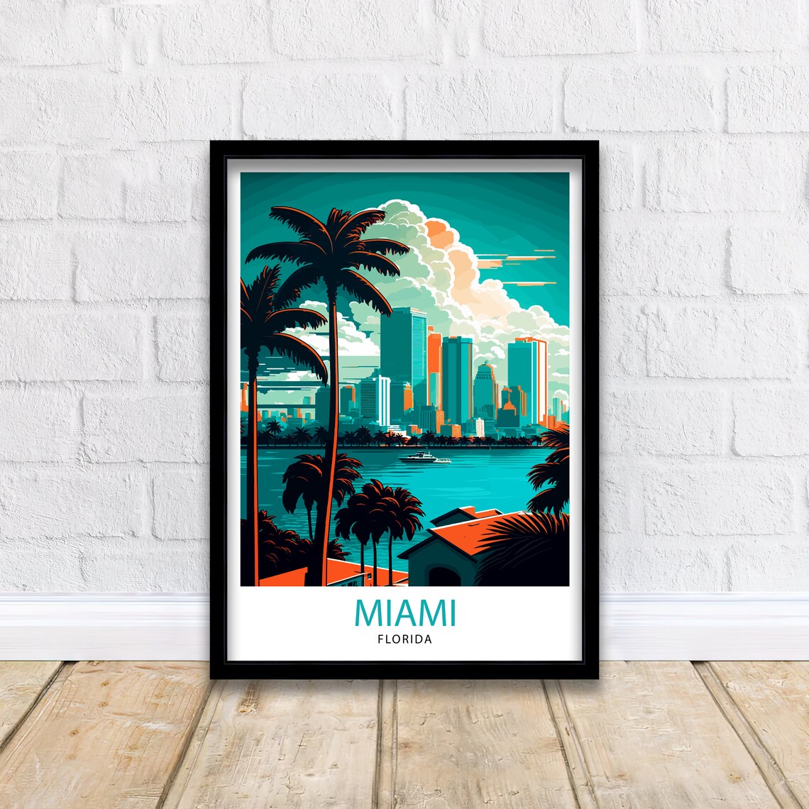 Miami Florida Skyline Palm Tree Waterfront Retro Style Travel Poster - Image 2