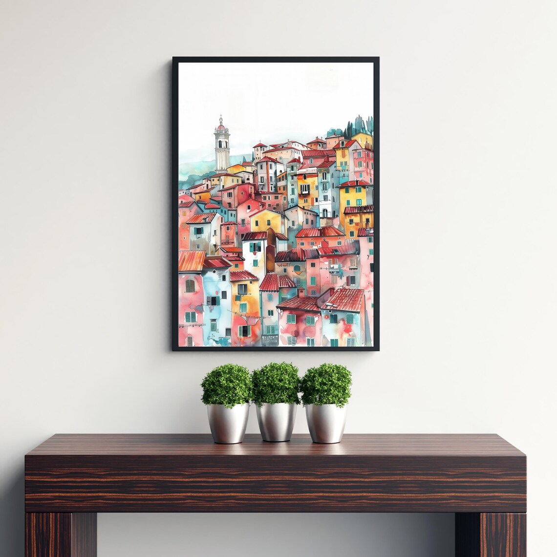 Lucca Italy Watercolor Hillside Town Bell Tower Tuscany Poster