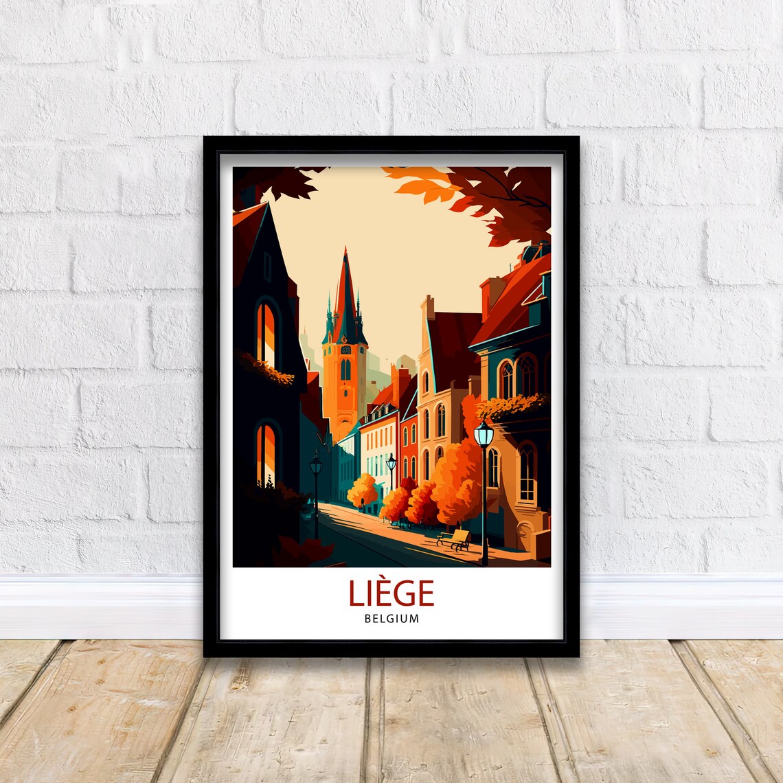 Liege Belgium Autumn Street Church Spire Vintage Style Travel Poster - Image 2