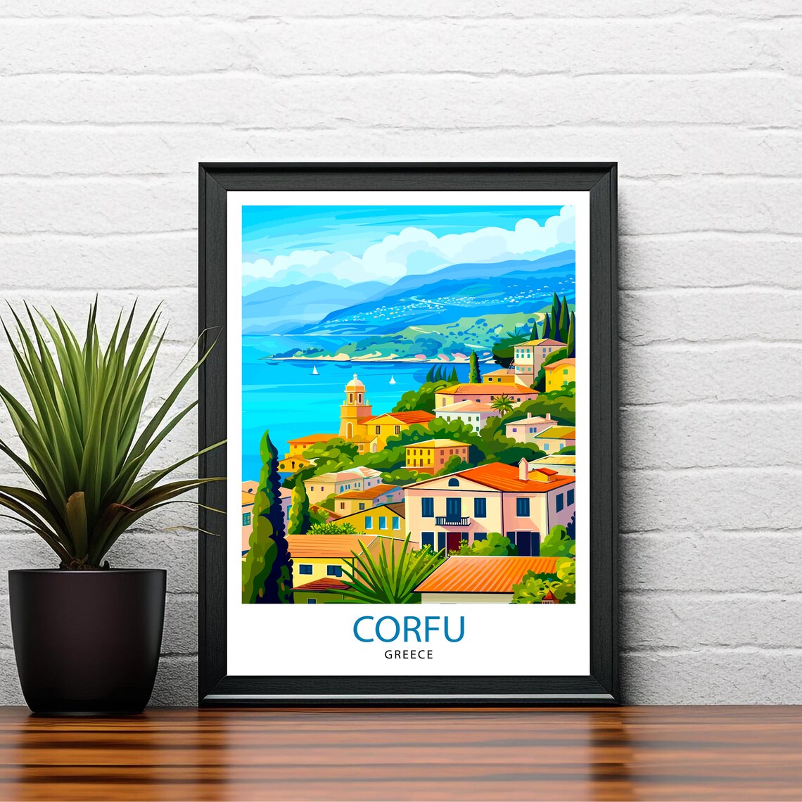 Corfu Greece Hillside Town Bay View Greek Island Travel Poster - Image 2