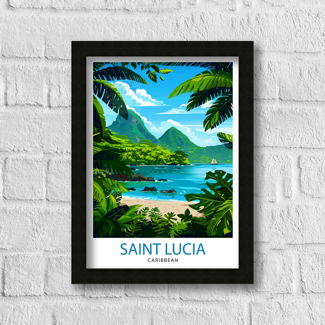 St Lucia Caribbean Travel Poster, Pitons View Art Print - Image 3