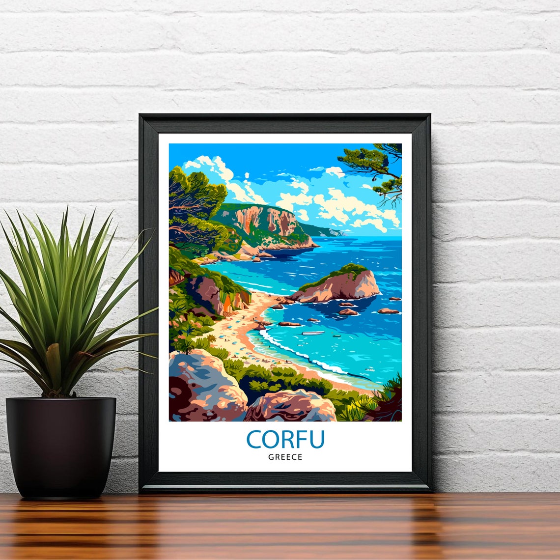 Corfu Greece Ionian Coast Cliffs Turquoise Bay Beach Travel Poster - Image 2