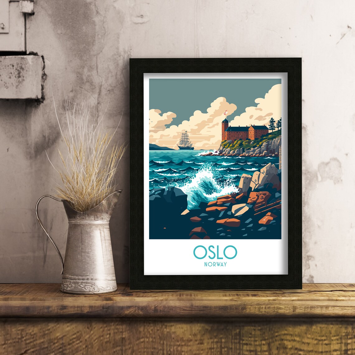 Oslo Norway Coastal Fortress Tall Ship Crashing Waves Travel Poster - Image 3