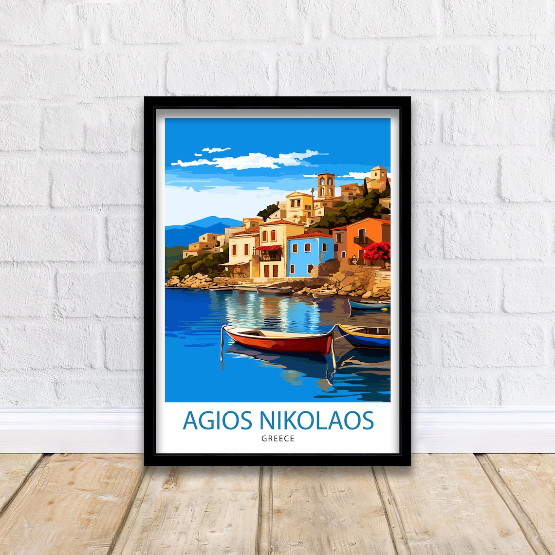 Agios Nikolaos Harbor Boats Hillside Town Greek Island Poster - Image 2