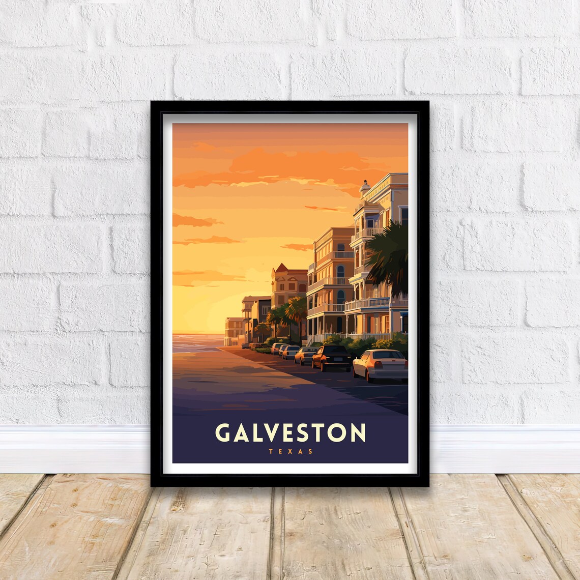 Galveston Texas Historic Beachfront Street Sunset Travel Art Poster - Image 2