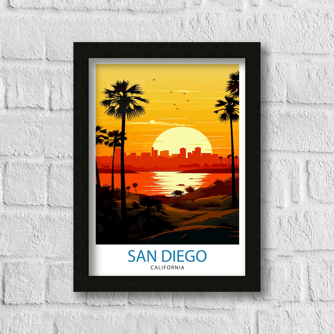 San Diego California Bay Sunset Skyline Palm Trees Travel Poster - Image 3