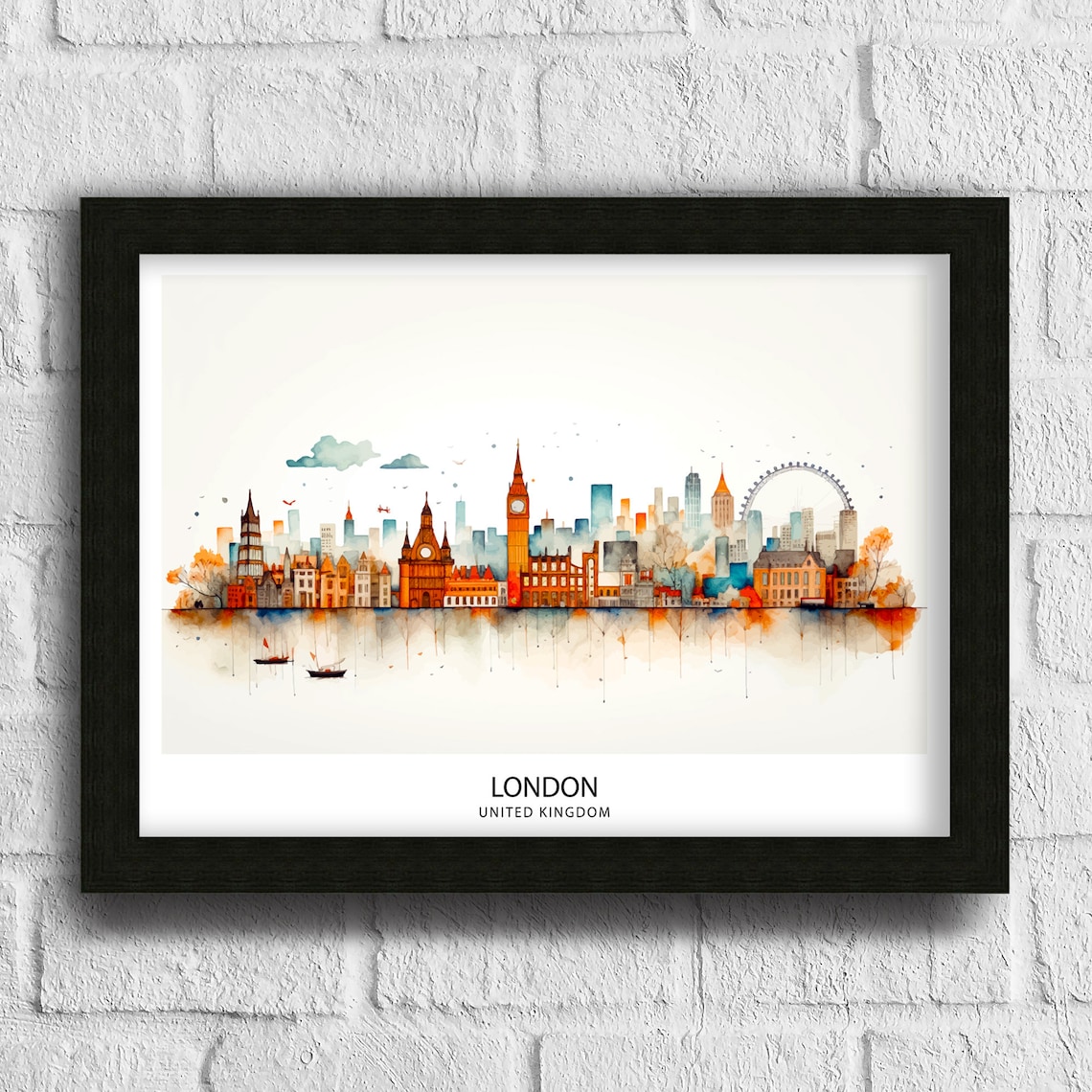 London United Kingdom Skyline Watercolor Big Ben Eye Travel Poster - Image 3