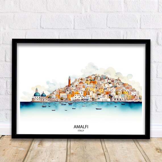 Amalfi Italy Colorful Seaside Town Watercolor Amalfi Coast Travel Poster