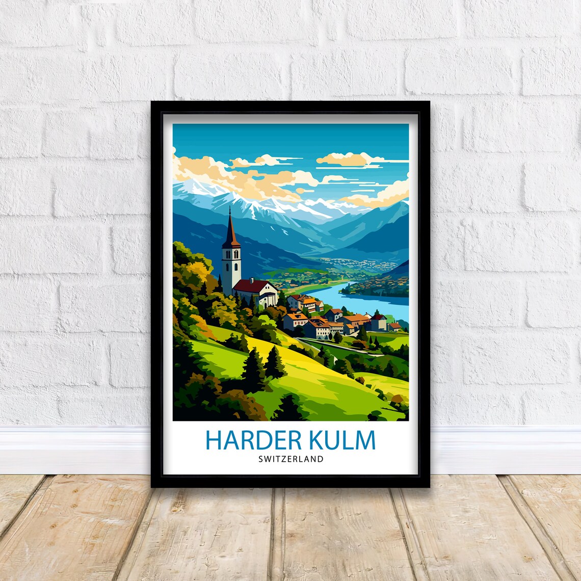 Harder Kulm Switzerland Alpine Lake Church View Travel Poster - Image 2
