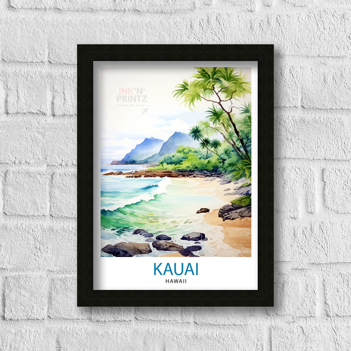 Kauai Hawaii Tropical Beach Cove Palm Trees Watercolor Travel Poster - Image 3