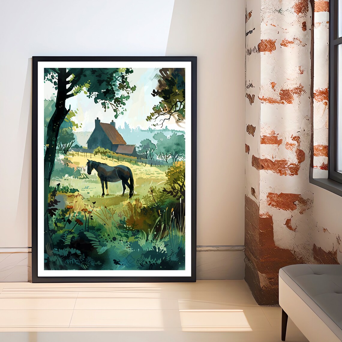 Horse Meadow Watercolor Countryside Barn Rustic Farm Scene Poster - Image 2