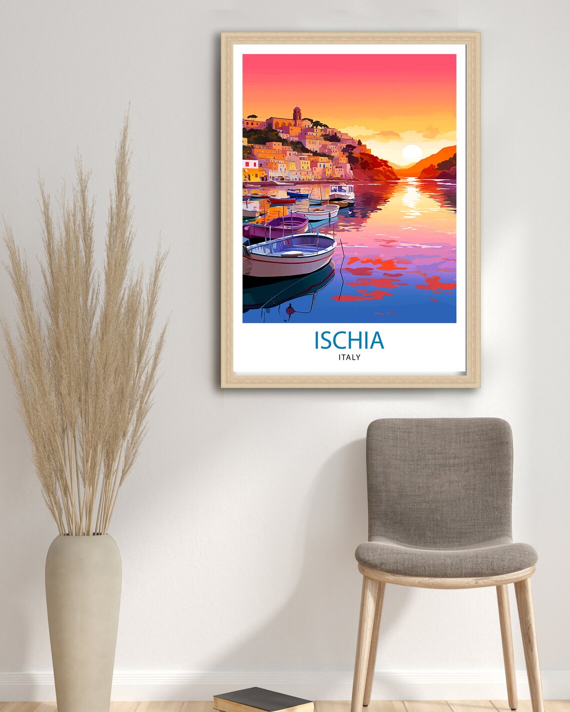 Ischia Italy Sunset Harbor Boats Hillside Town Water View Poster - Image 3