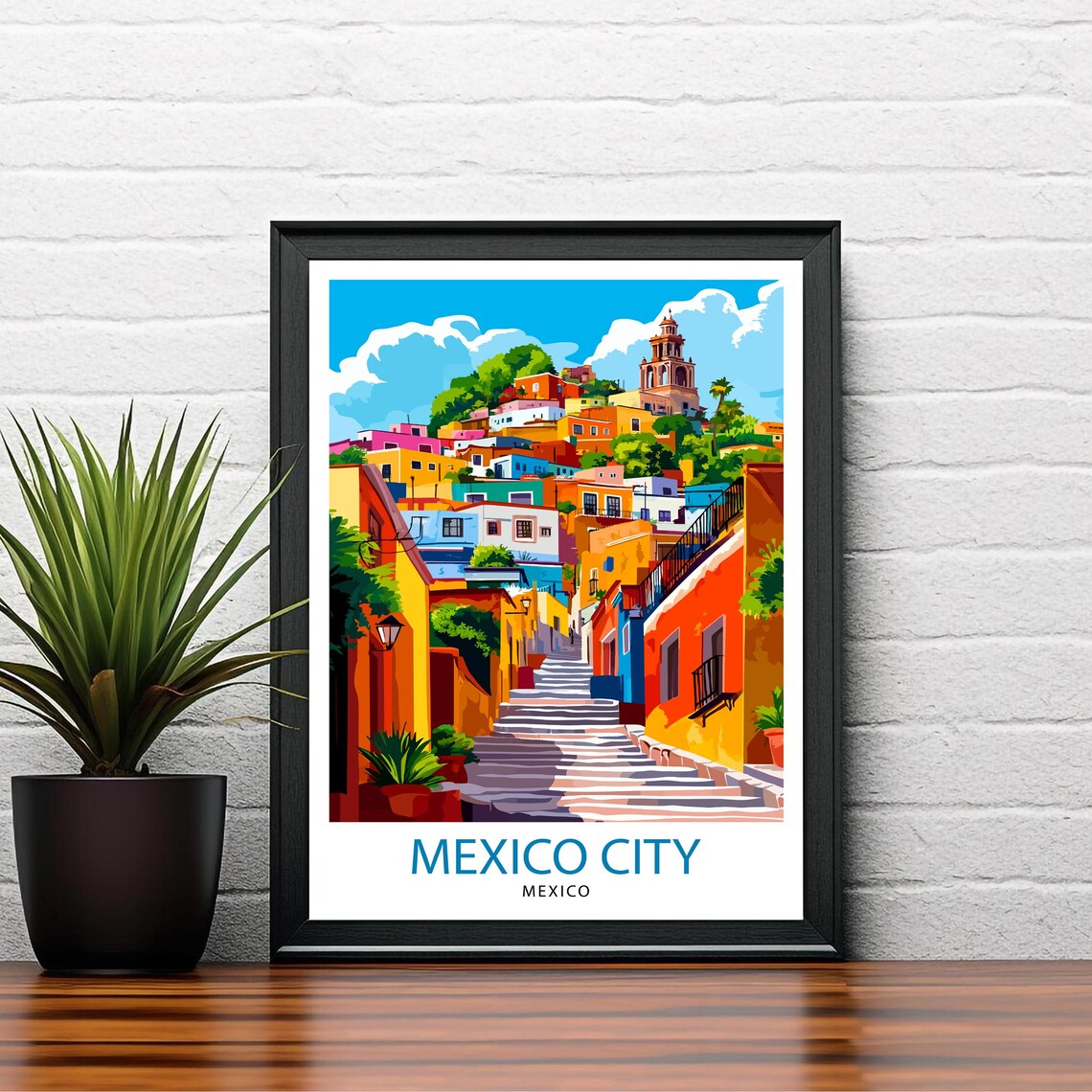 Mexico City Colorful Colonial Street Steps Church View Poster - Image 2