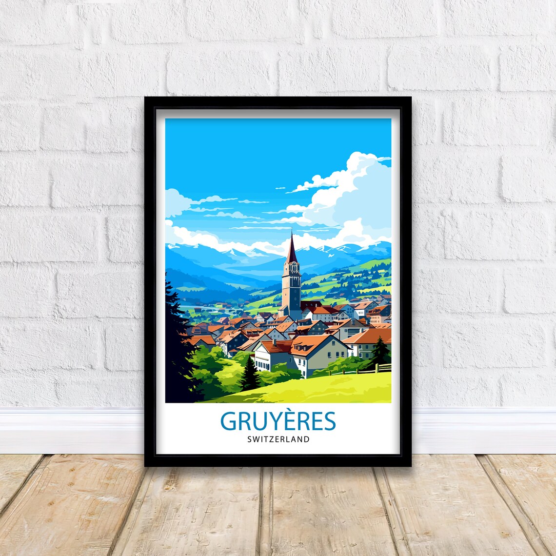 Gruyeres Switzerland Alpine Village Church Mountain View Poster - Image 2