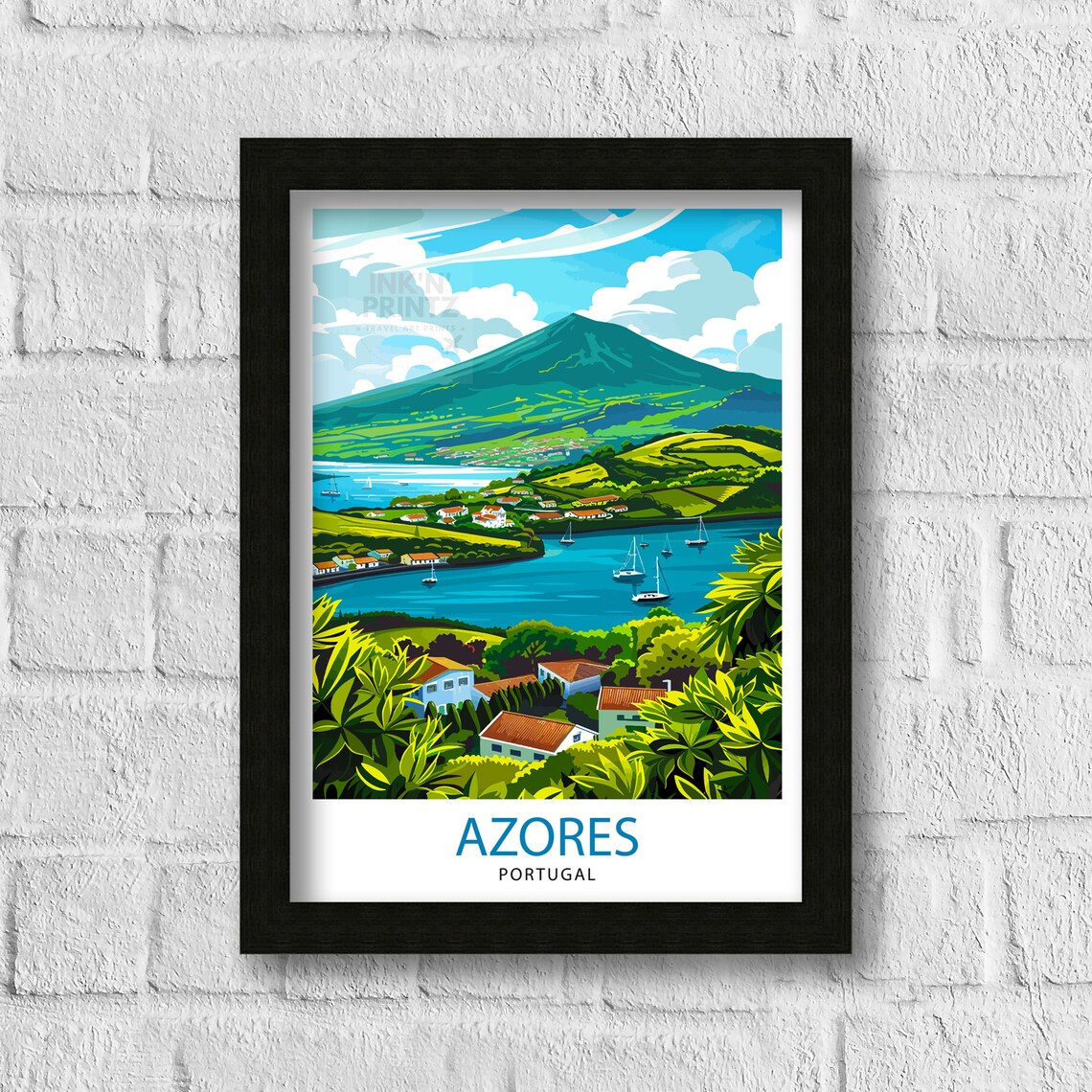 Azores Portugal Volcanic Island Lagoon Sailboats Travel Poster - Image 3