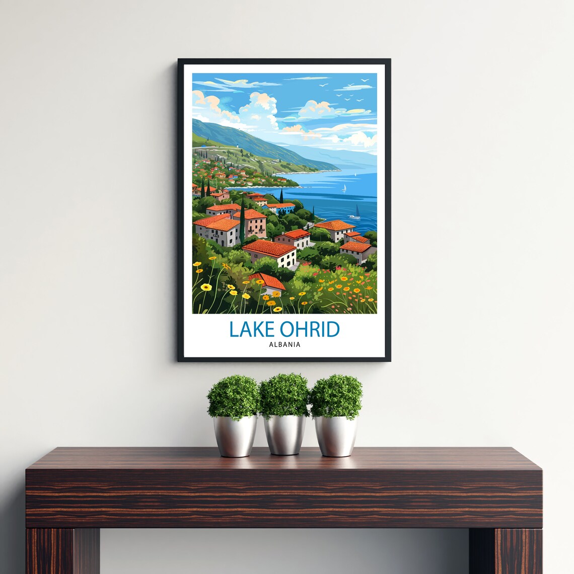 Lake Ohrid Albania Lakeside Town Flowers Scenic Travel Poster - Image 3