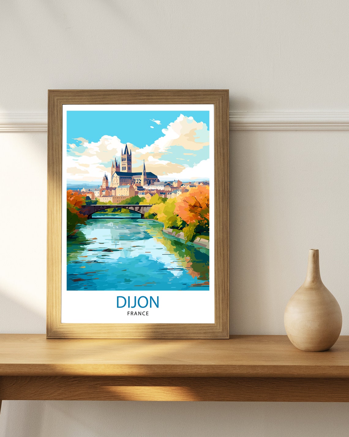 Dijon France Cathedral Riverside Bridge Old Town Cityscape Art Poster - Image 3