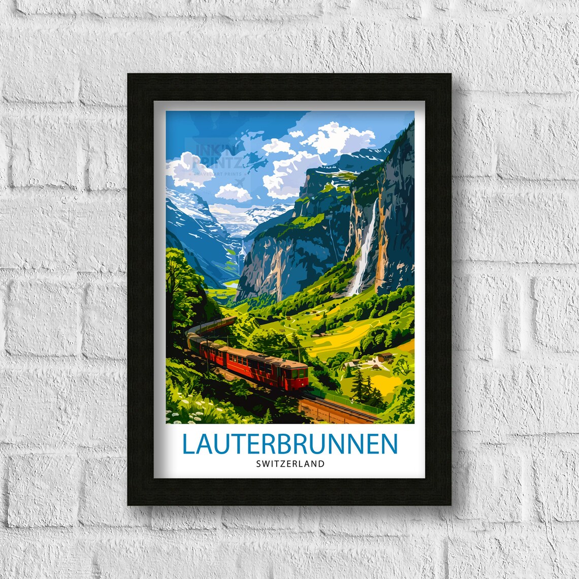 Lauterbrunnen Switzerland Red Train Waterfalls Valley Travel Poster - Image 3