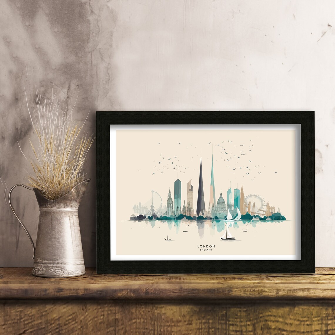 London England Minimalist Watercolor Skyline Thames River Wide Poster - Image 3