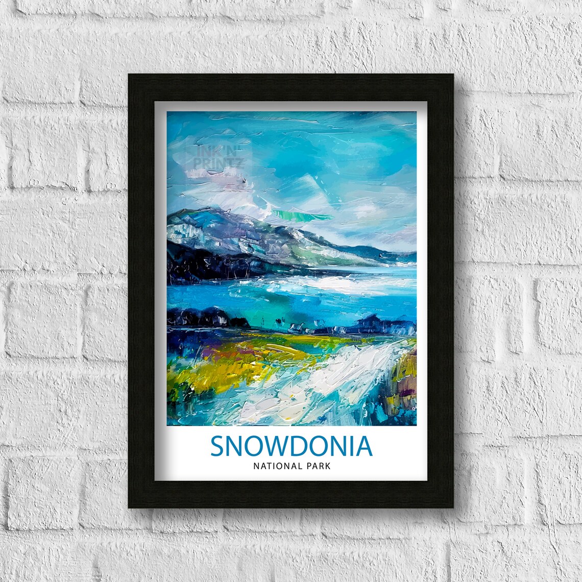 Snowdonia National Park Impasto Lake Mountain Painting Art Print - Image 3