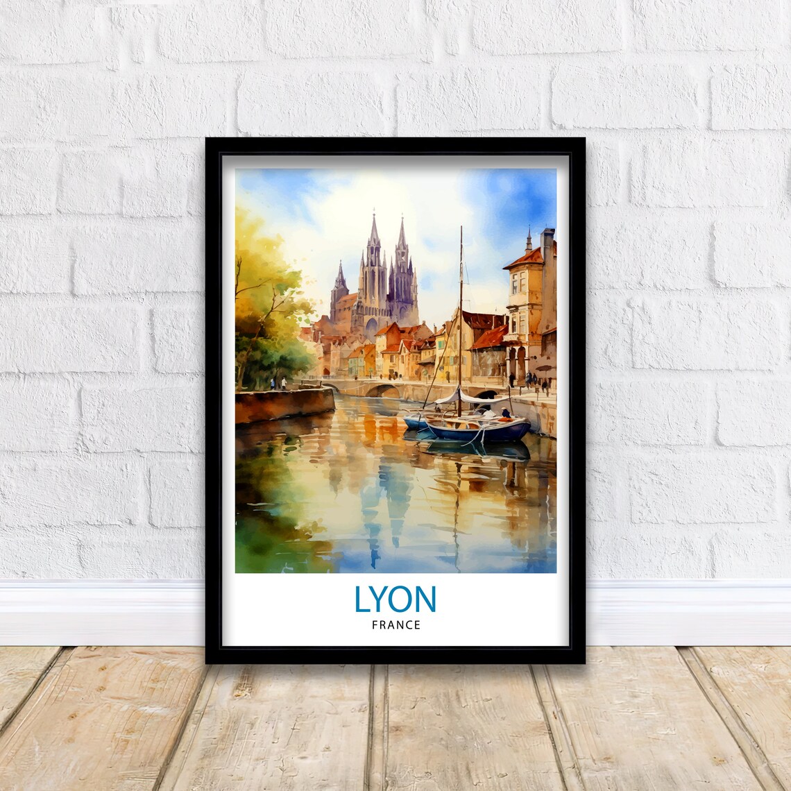 Lyon France Watercolor Cathedral Riverside Boats Old Town Poster - Image 2