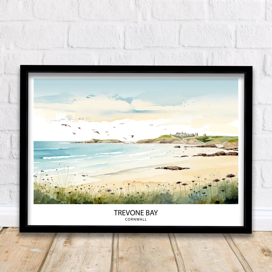 Trevone Bay Cornwall Sandy Beach Seagulls Watercolor Coastline Poster