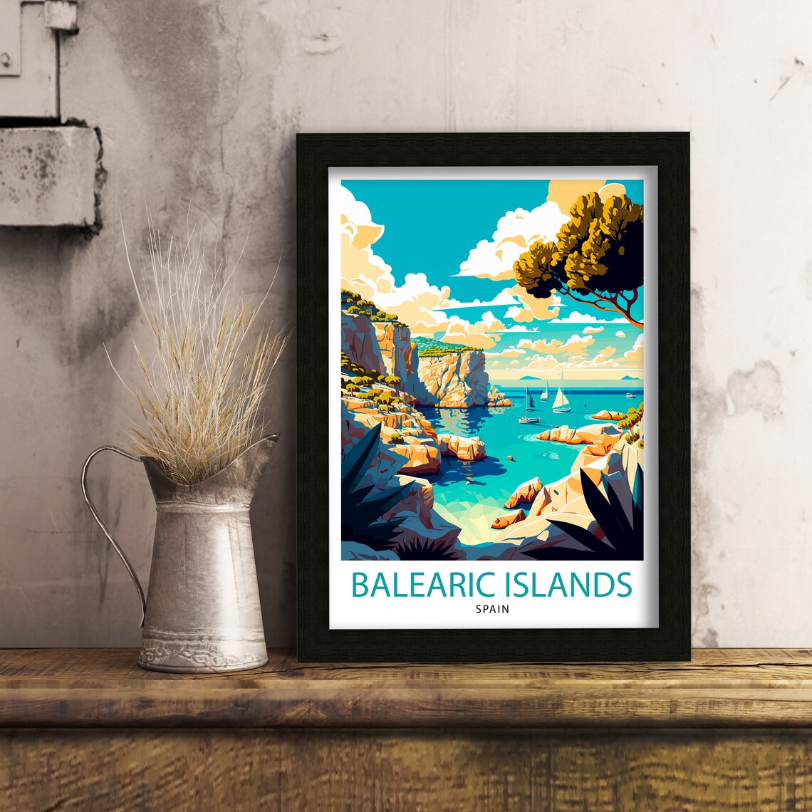 Balearic Islands Spain Rocky Cove Sailboats Retro Travel Poster - Image 3