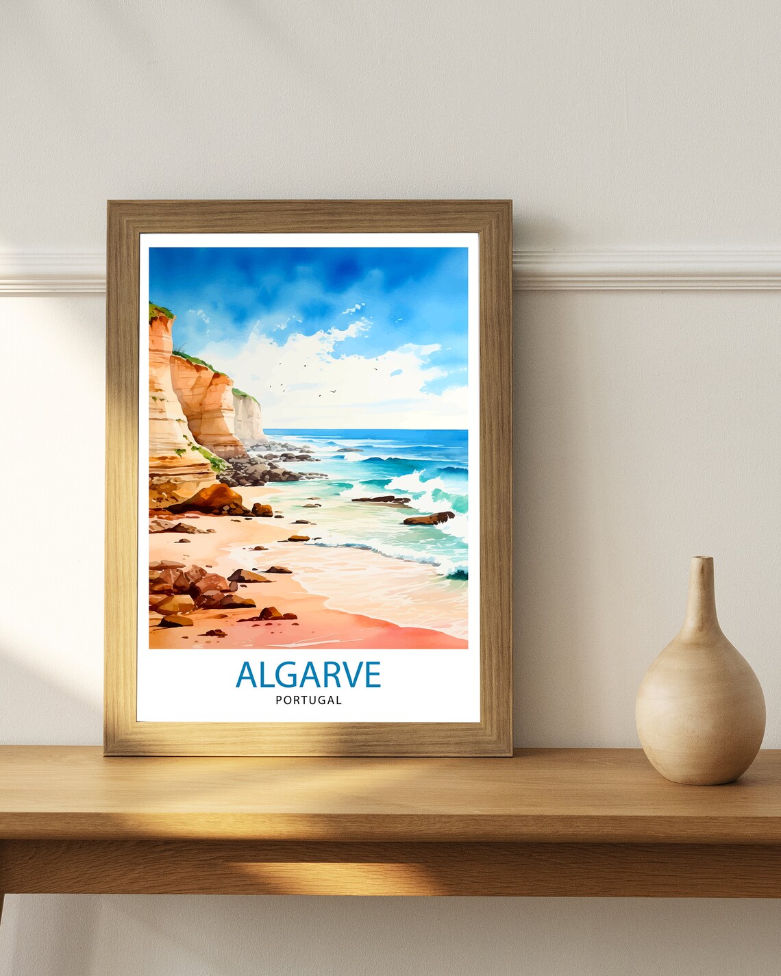 Algarve Portugal Rocky Beach Cliffs Ocean Watercolor Travel Poster - Image 3
