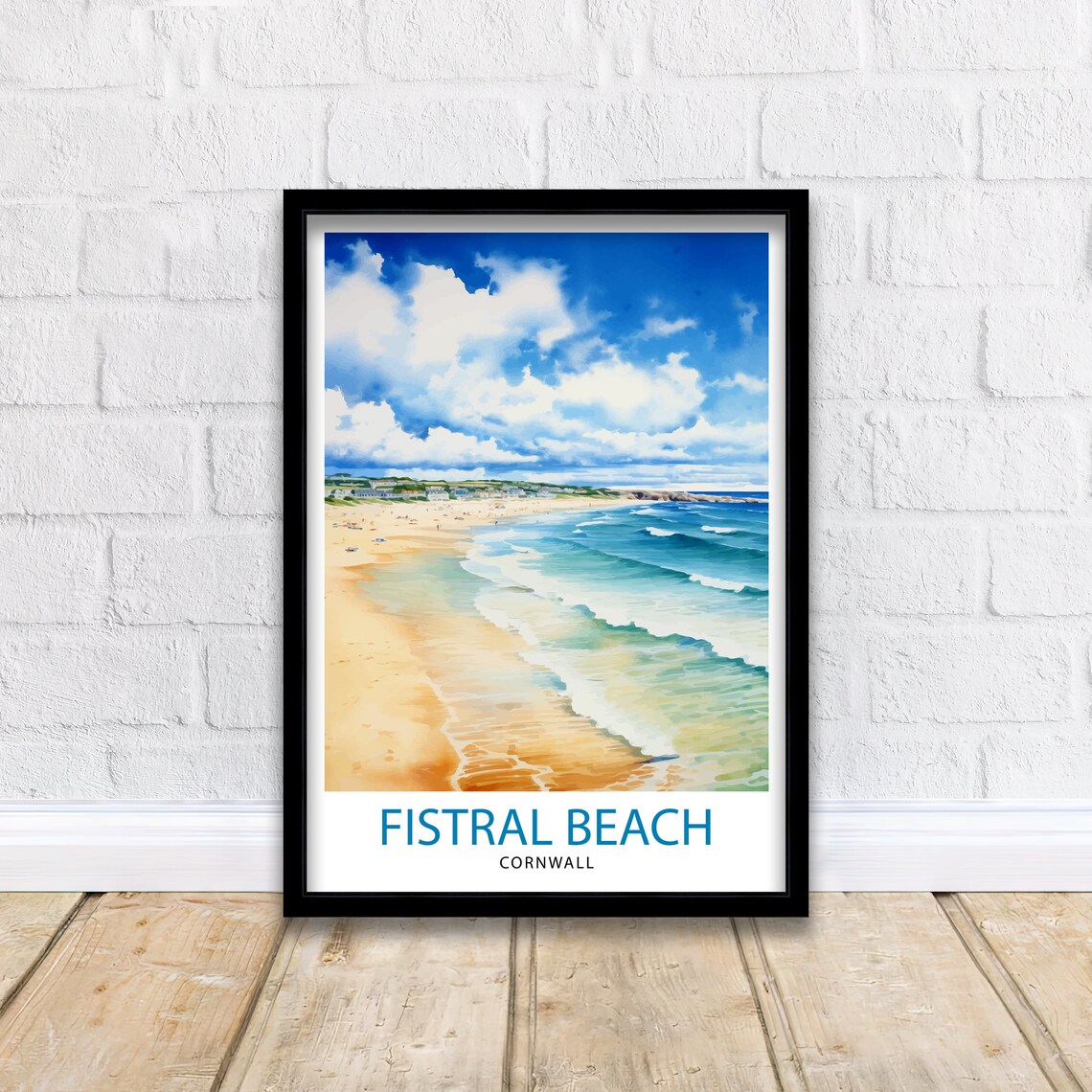 Fistral Beach Cornwall Turquoise Surf Waves Watercolor Poster - Image 2