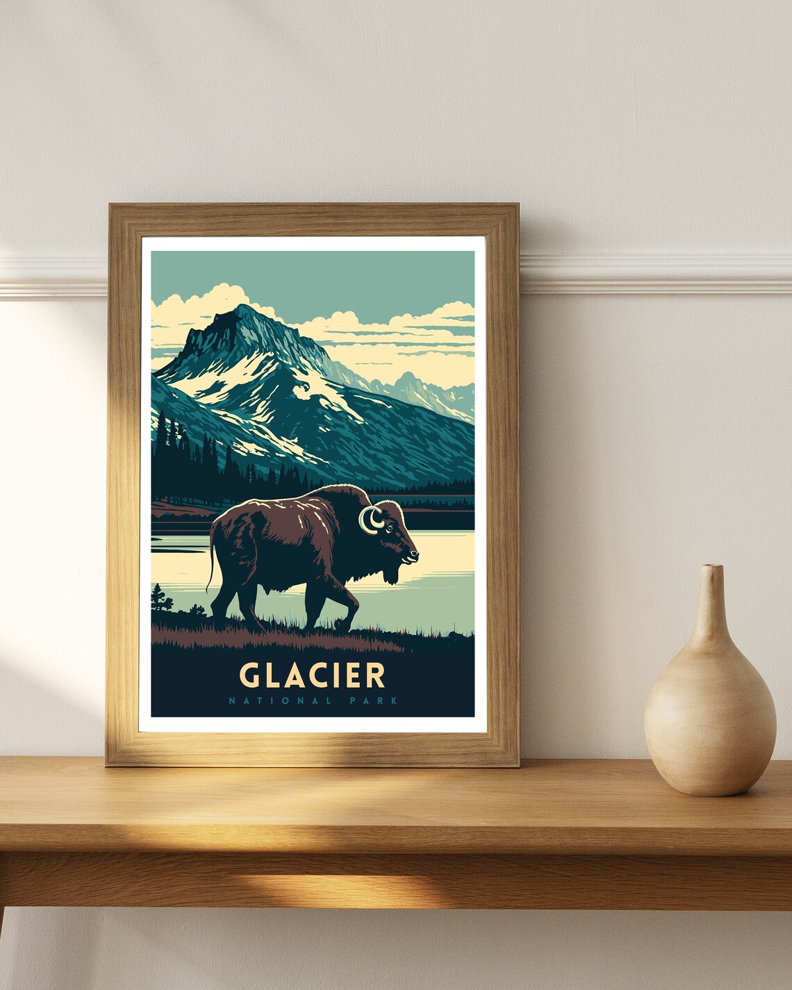 Glacier National Park Bison Mountain Lake Retro Wildlife Poster - Image 2