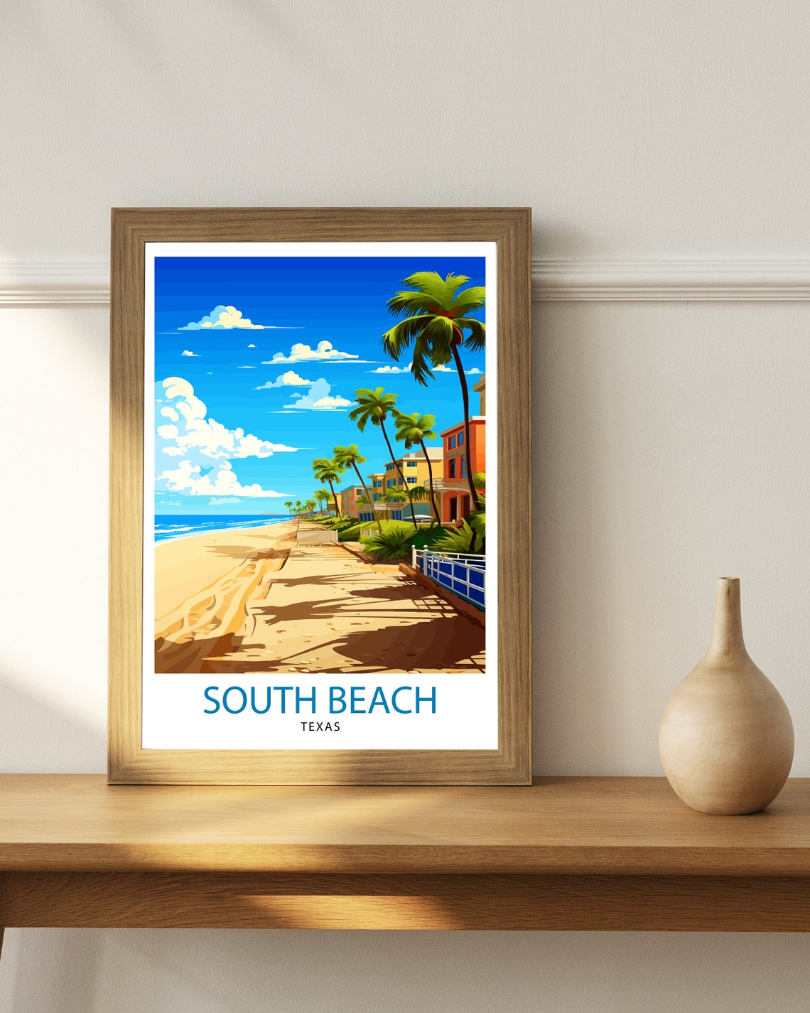 South Beach Texas Sunny Sandy Path Palms and Beach Houses Poster - Image 3