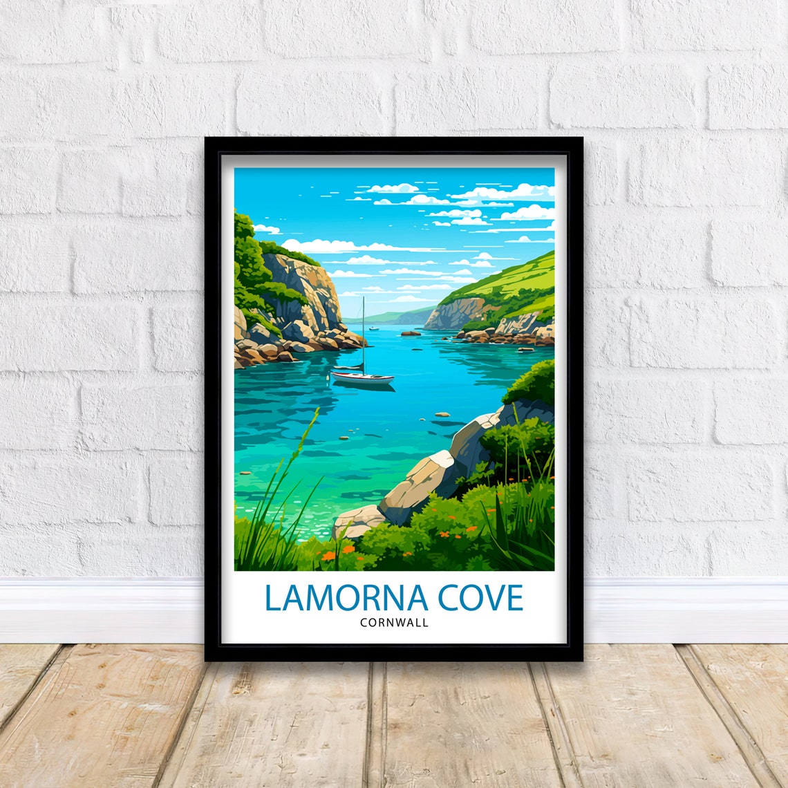 Lamorna Cove Cornwall Rocky Cliff Turquoise Bay Retro Travel Poster - Image 2