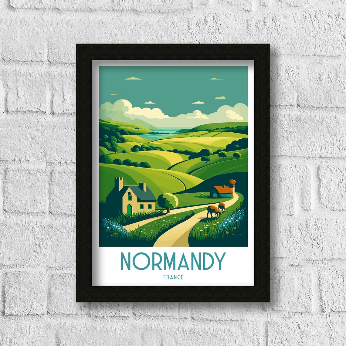 Normandy France Green Countryside Farm Rolling Hills View Poster - Image 3
