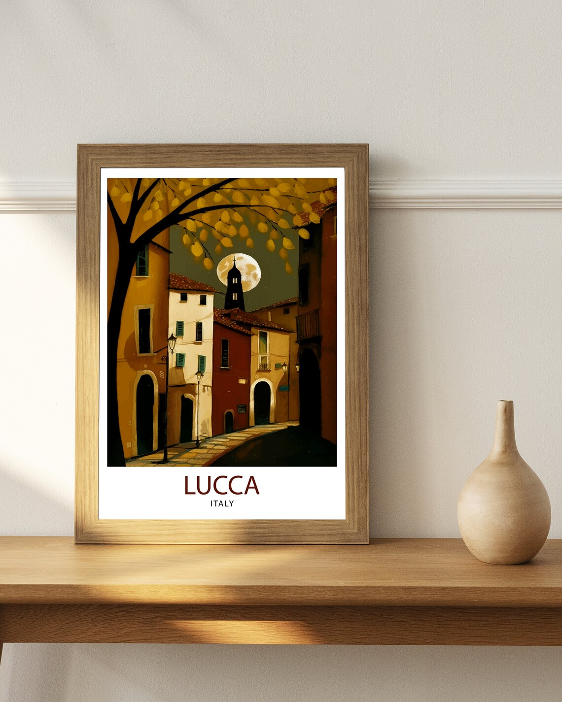 Lucca Italy Moonlit Old Street Tower Night Vintage Travel Poster - Image 2