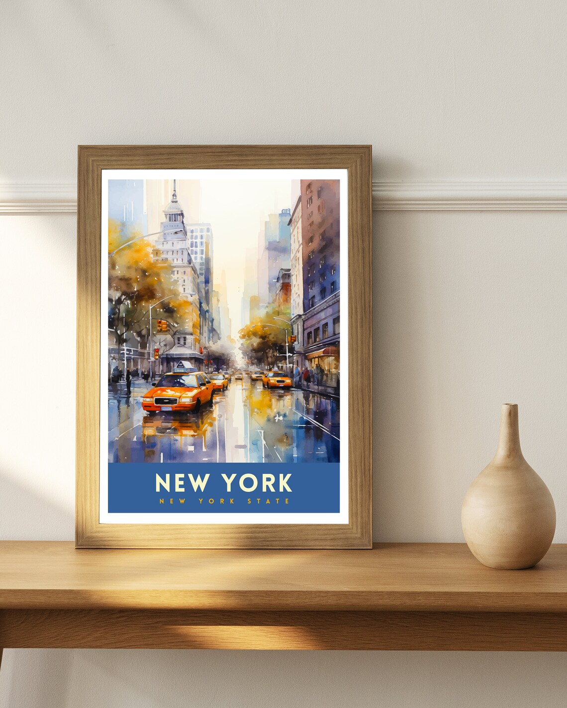 New York City Manhattan Yellow Cab Street Watercolor Scene Poster - Image 2