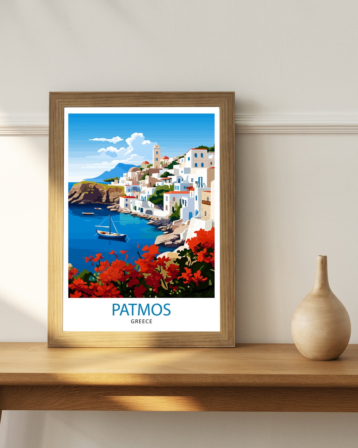 Patmos Greece Whitewashed Harbor Sailboat Red Flowers Island Poster - Image 3
