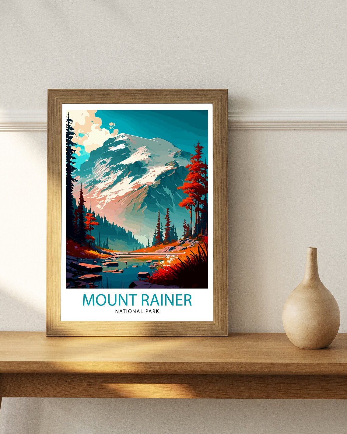 Mount Rainier National Park Snowy Peak Lake Autumn Vintage Travel Poster - Image 3