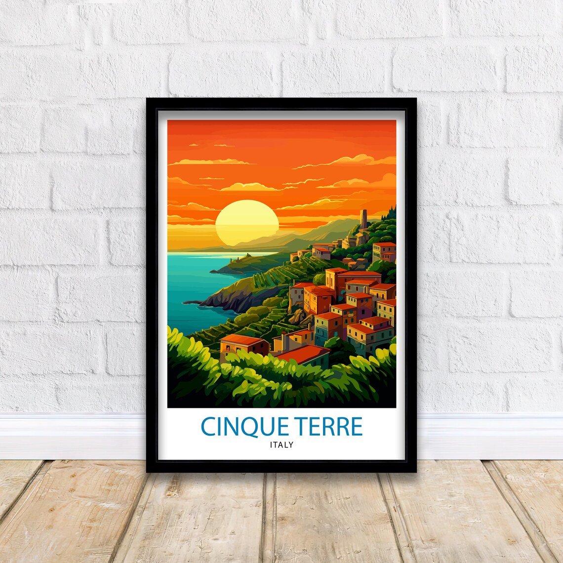 Cinque Terre Italy Sunset Coastal Village Orange Sky Travel Poster - Image 2
