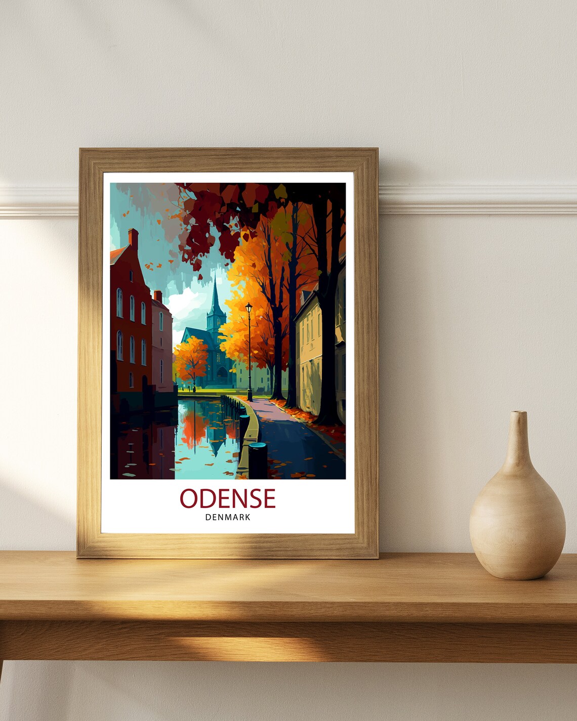 Odense Denmark Autumn Canal Street Church Tower Vintage Travel Poster - Image 3