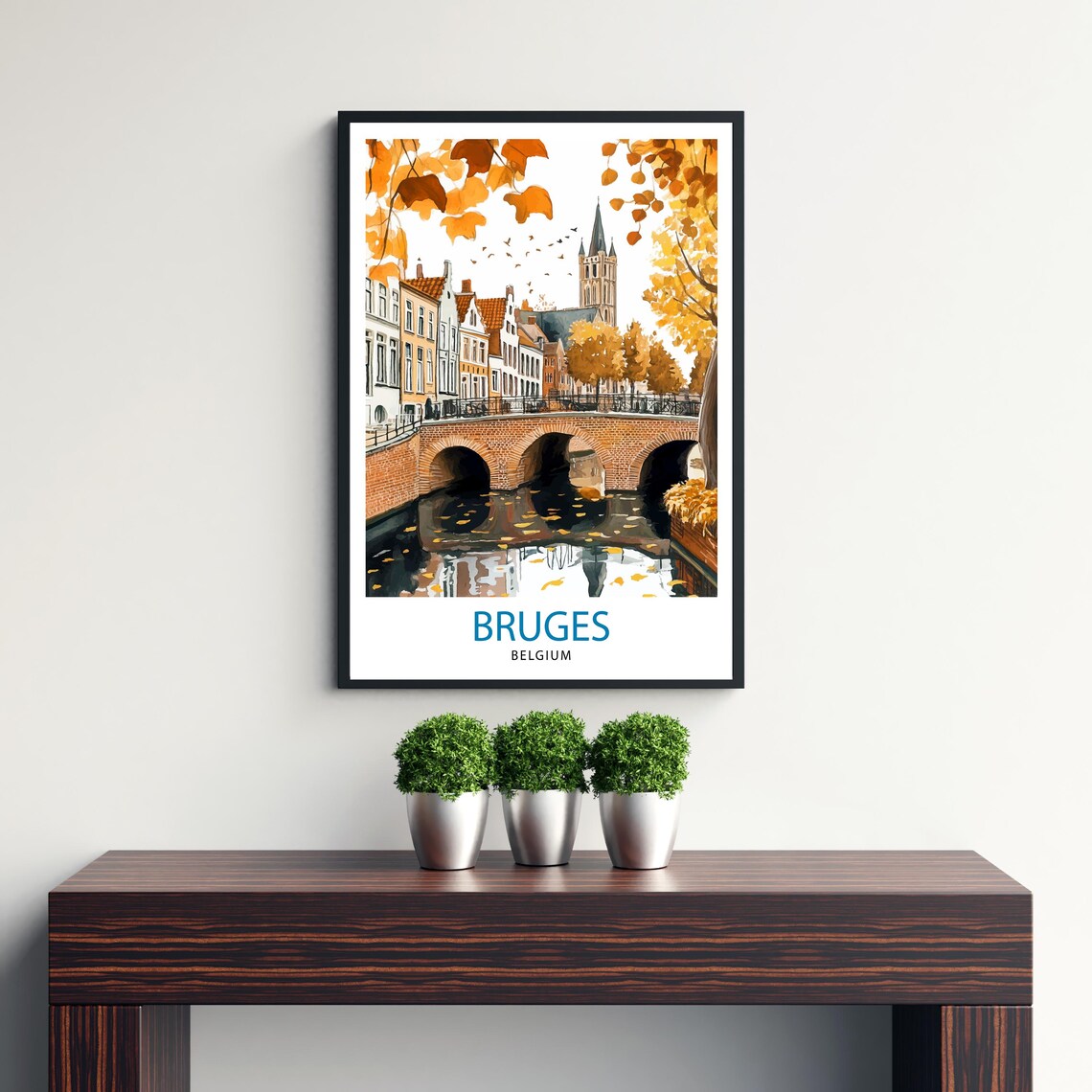 Bruges Belgium Old Town Autumn Canal Bridge Tower Scene Poster - Image 3