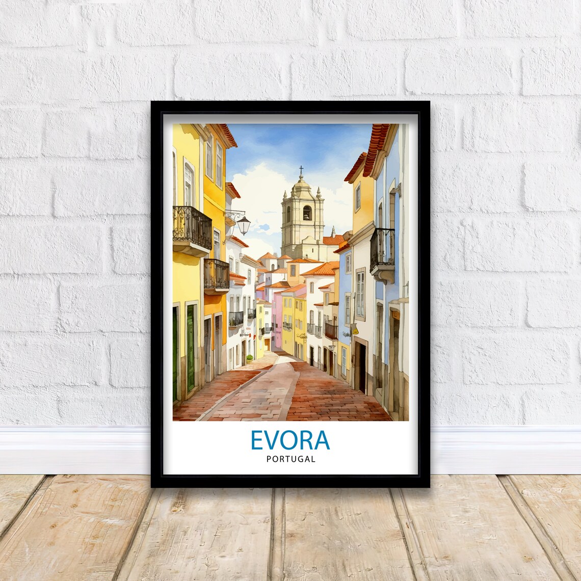 Evora Portugal Cobblestone Street Church Tower Watercolor Poster - Image 2
