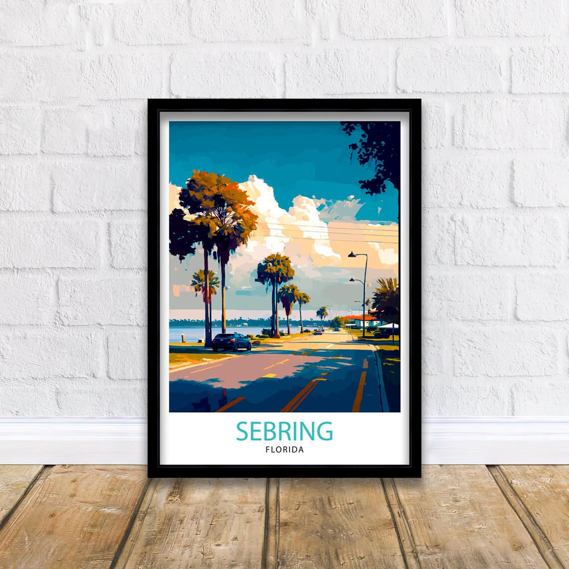 Sebring Florida Palm Lined Lakeside Street Sunset Travel Print