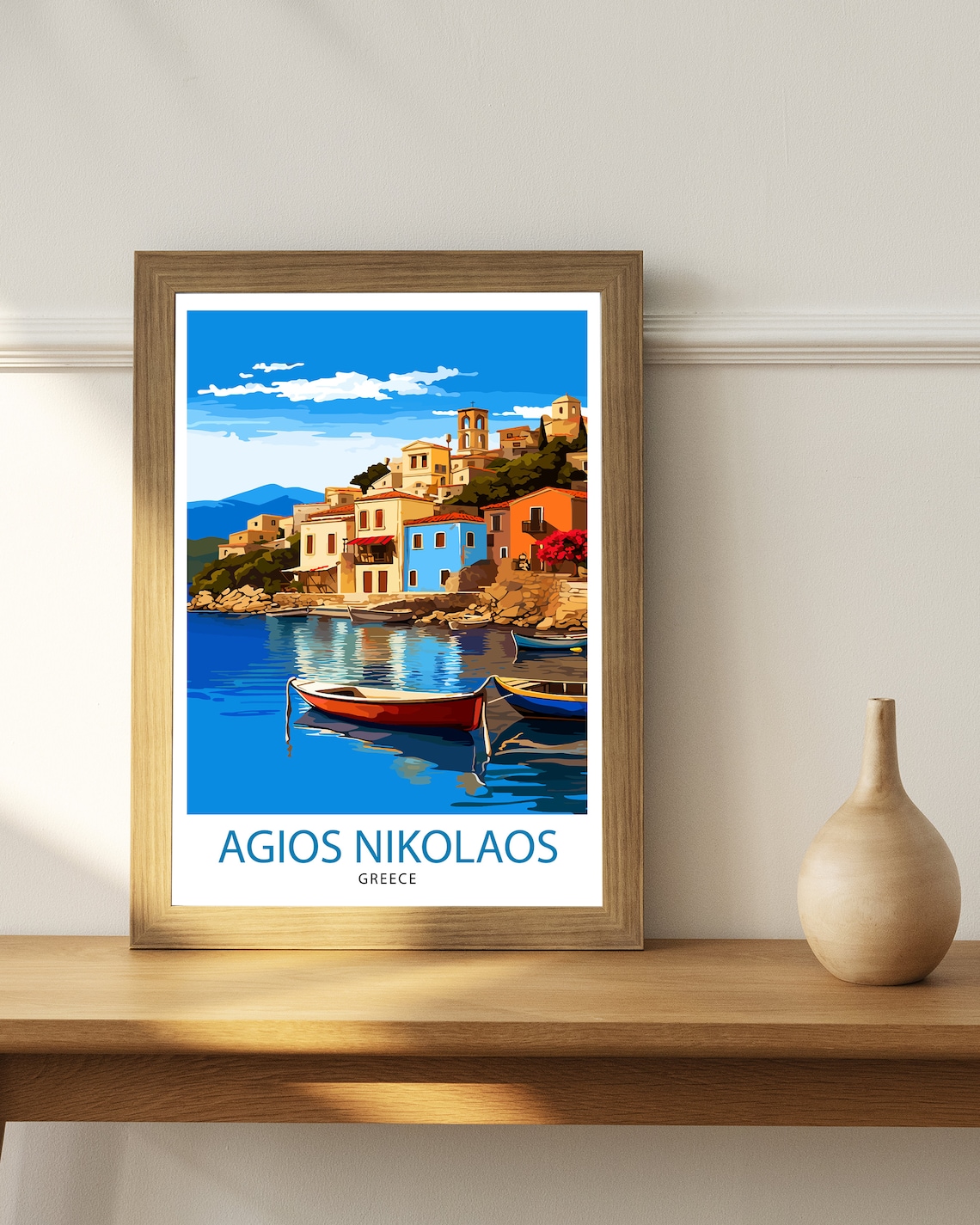 Agios Nikolaos Harbor Boats Hillside Town Greek Island Poster - Image 3