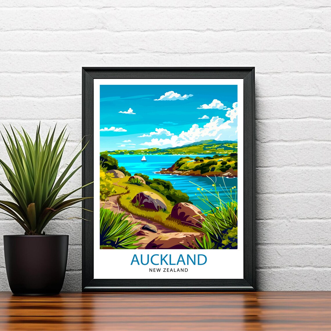 Auckland New Zealand Coastal Path Sailboat Bay Vintage Travel Poster - Image 2