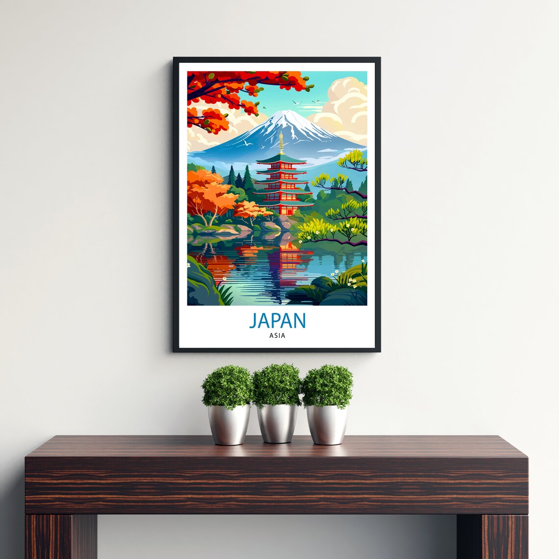 Japan Mount Fuji Red Pagoda Autumn Lake Reflection Scenic Poster - Image 3