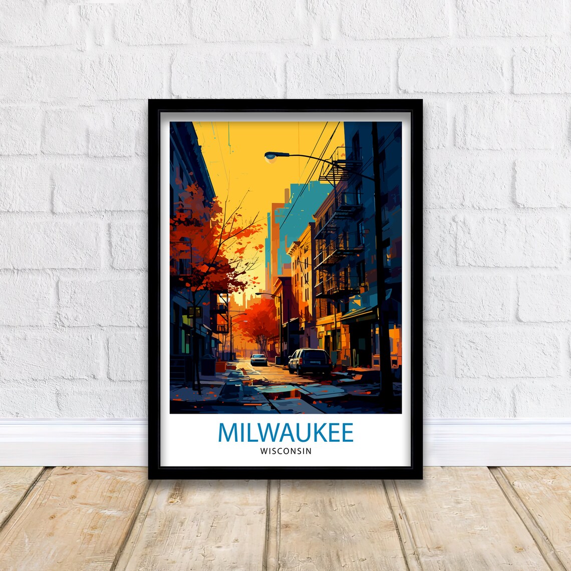 Milwaukee Wisconsin Golden Autumn Downtown Street Travel Poster - Image 2